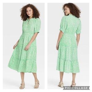 Who What Wear Women's Green Ditsy Floral Short Sleeve Tiered Smock Dress XXL NWT